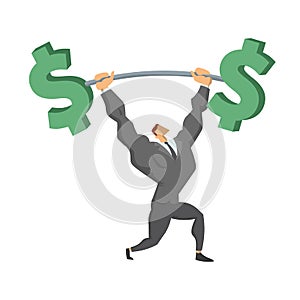 Businessman Lifting Up Barbell with Dollar Sign. Business character, symbol of success and self-confidence. Concept