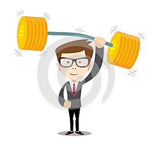 Businessman lifts up heavy barbell with dollar sign