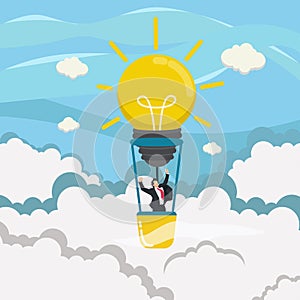 Businessman with light bulb balloon flying in the sky. Success with ideas vector illustration