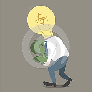 Businessman light bulb on head get dollar in hand