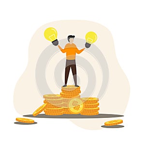 Businessman with a light bulb and a stack of coins.Young man holding glowing electric light bulb.Vector, illustration