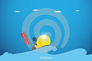 Businessman on the lightbulb boat over the problem sea, idea and business concept