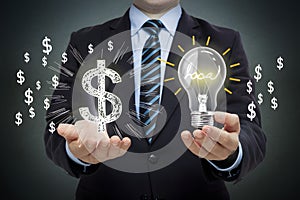 Businessman with lightbulb and glowing dollar sign, symbolizing lucrative ideas and financial success