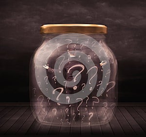 Businessman locked into a jar with question marks concept