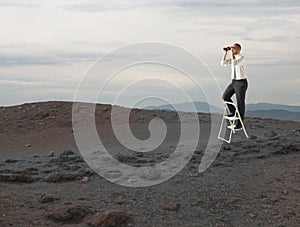 Businessman look far for new business opportunities with a telescope