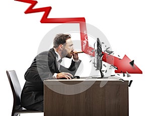 Businessman look the negative report of his company. A red arrow breaks the screen