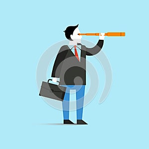 Businessman look through spyglass vector illustration in flat style design.