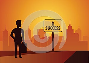 Businessman look to success sign hopefully to walk and reach the