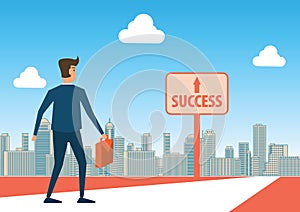 Businessman look to success sign hopefully to walk and reach the