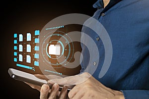 Businessman look up documents and sort items for efficiency.,Systematic search document information concept.,defragmentation