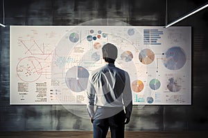 Businessman looking at big screen with business charts, bars, graphs. Business success management concept.