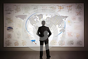 Businessman looking at big screen with business charts, bars, graphs and world map. Business success management concept.