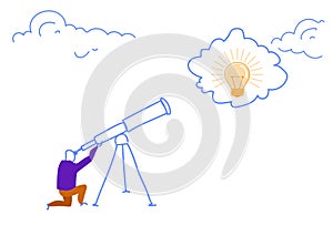 Businessman looking binocular business idea light lamp icon innovation startup concept horizontal sketch doodle