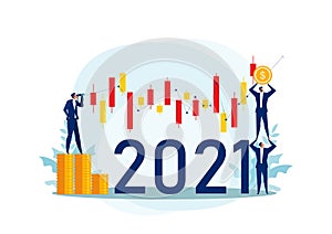 Businessman looking binoculars with candlestick chart of the stock market of 2021 years. Concept of stock investment  Flat cartoon