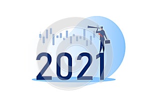 Businessman looking binoculars with candlestick chart of the stock market of 2021 years. Concept of stock investment; Flat cartoon