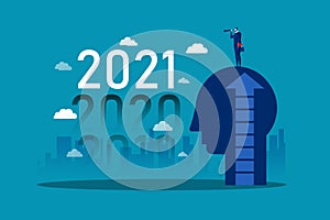 Businessman looking binoculars with candlestick chart of the stock market of 2021 years. Concept of stock investment; Flat cartoon