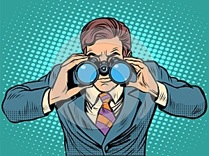 Businessman looking through binoculars. Lead vision Navigator