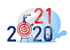 Businessman looking binoculars on target board for plan on 2021 years. leadership Concept Flat cartoon character Vector