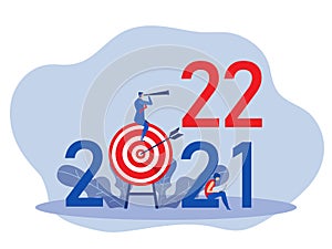 Businessman looking binoculars on target board for plan on 2022 years. leadership Concept Flat cartoon character Vector