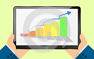 Businessman is looking at the black tablet screen on a growth chart. Steps rise and move up. The color of the diagram changes. Fla