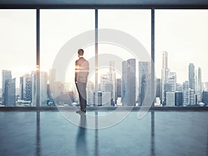 Businessman looking at city. 3d render