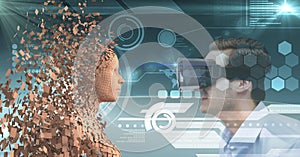 Businessman looking at 3d human through VR glasses