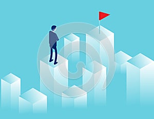 Businessman looking into the distance where there is a red flag. Goal of way, Isometric business vector style