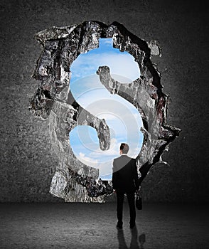 Businessman looking at dollar hole