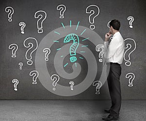 Businessman looking at drawings of question marks