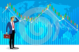 Businessman looking at falling diagram. Economic and financial crisis in the world. Concept business illustration