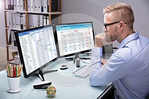 Businessman Looking At Gantt Chart On Computer