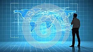 Businessman looking at a global business interface