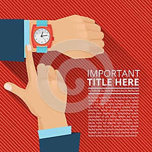 Businessman looking on the hand watch. Vector poster