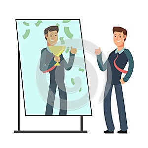 Businessman looking himself happy and successful in mirror reflection. Success in business and winner vector concept