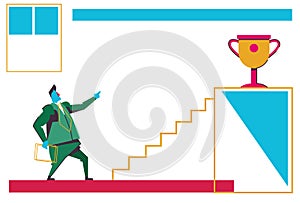 Businessman looking ladder podium golden trophy cup first place champion business motivation concept businessman career