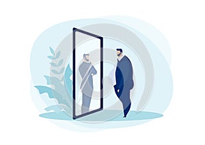 Businessman looking at the mirror standing with fat belly. compare body thin vector
