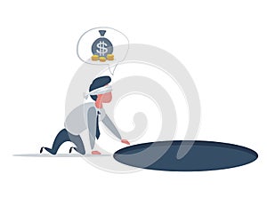 Businessman looking for money Ignoring Hole with Trap on Bottom. Careless Business Man Character Problem Ignorance