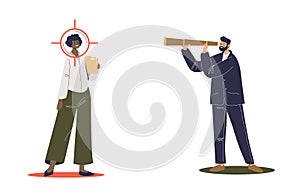 Businessman looking for new employee with spyglass. Hr and recruitment concept