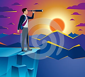 Businessman looking for opportunities in spyglass standing on top peak of mountain business concept vector illustration,