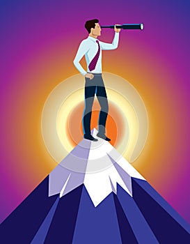 Businessman looking for opportunities in spyglass standing on top peak of mountain business concept vector illustration,