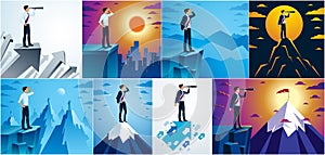Businessman looking for opportunities in spyglass standing on top peak of mountain business concept vector illustrations set,