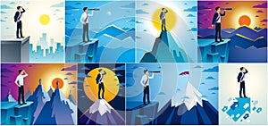 Businessman looking for opportunities in spyglass standing on top peak of mountain business concept vector illustrations set,