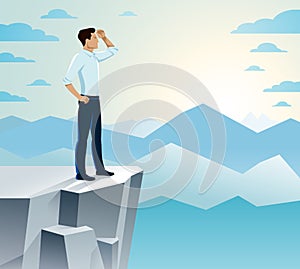 Businessman looking for opportunities standing on top peak of mountain business concept vector illustration, successful young