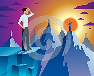 Businessman looking for opportunities standing on top peak of mountain business concept vector illustration, successful young