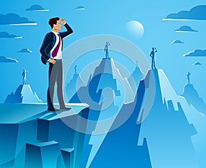 Businessman looking for opportunities standing on top peak of mountain business concept vector illustration, successful young