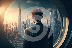 A businessman looking out to a modern city. Generative AI