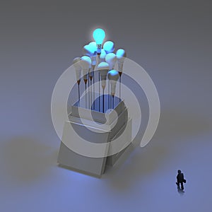 Businessman looking at pencil light bulb 3d