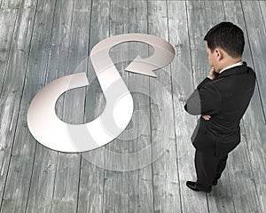 Businessman looking at sheet metal in arrow infinity recycling symbol