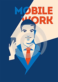 Businessman looking at smartphone. Mobile work concept. Social media poster