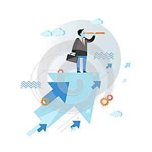 Businessman looking through spyglass vector illustration in flat style design. Creative business vision concept